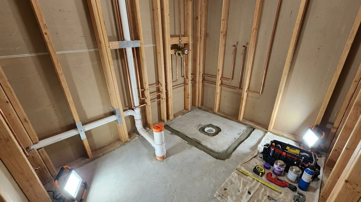 Bathroom rough-in plumbing during remodel by Johns Plumbing LLC in Willow Springs