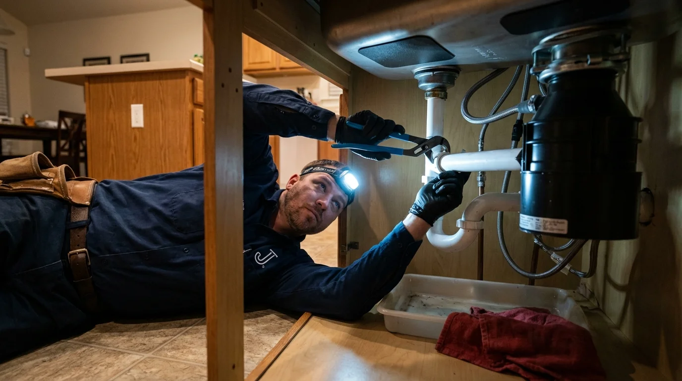 P-trap and supply line connections under a kitchen sink showing a common leak point in Willow Springs, MO